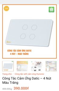 Công tắc thông minh cảm ứng Wifi Datic HUNONIC 4 nút Kết nối Wifi 2.4 Ghz. Hàng Việt Nam. Bảo hành 1 năm