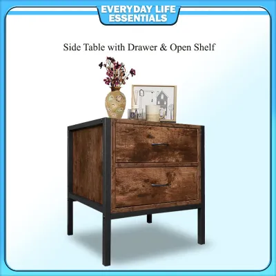 Nightstand / Side Table with Drawer and Open Shelf [Modern Night Stand for Bedroom Living Family Room]