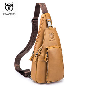 BULLCAPTAIN Mens Genuine Top-Grain Leather Stylish Casual Trendy Multifunctional Sports Small Sling Chest Bag - with Adjustable Strap Multiple Compartments & Ergonomic Design for Fashion Leisure & Outdoor Activities