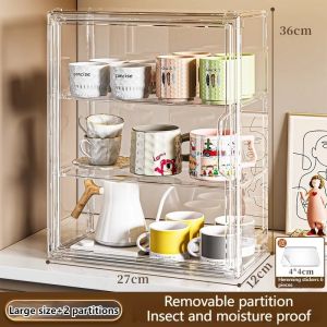 3 Layers Acrylic Display Case Dustproof Cup Kitchen Rack Cup Holder Stackable Magnetic Mug Stackable Storage Organizer