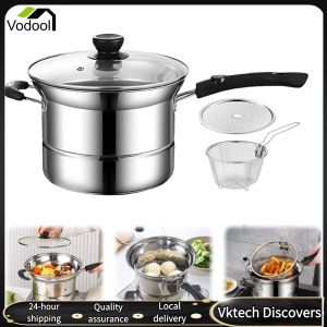 【Vodool】 One-Handled Pot with Strainer Drain Shelf Lid Complementary Food Pot Multipurpose Deep Frying Pot Stainless Steel for Soup Rice Noodles