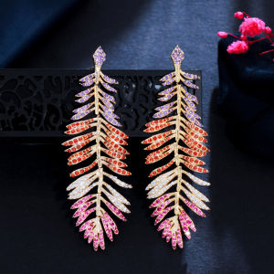 SEQUITO Golden Super Long Dangle Earrings Inlaid Multicolor Cubic Zirconia Crystal Fashionable Feather Drop Ear Jewelry for Women Dancing Evening Party SE494