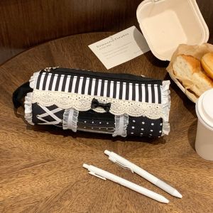 EGRT Large Capacity Lace Pencil Case Printed Bow Makeup Bag Trendy Simple Pen Organizer School Office Supplies