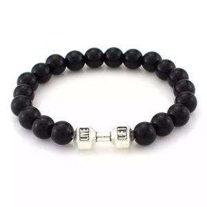 Gelang Bracelet Dumbbell Black Beads Hitam (Silver/Dark Silver)