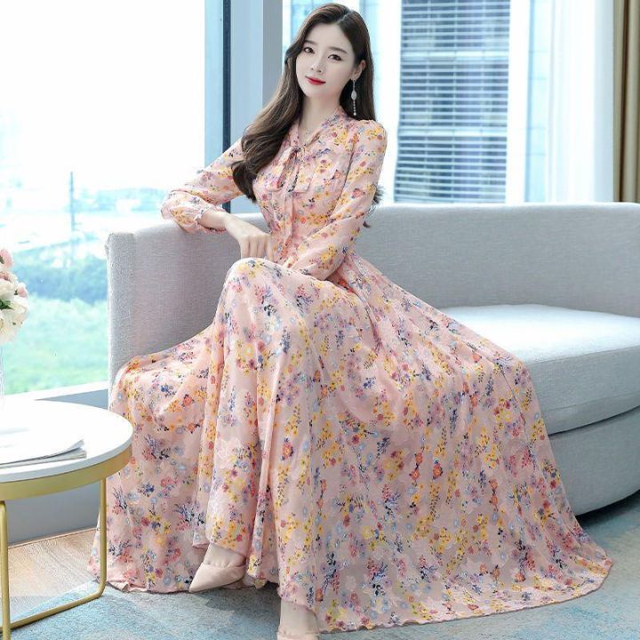 Maxi dress sifon motif bunga lengan panjang yang elegan | Lazada Indonesia