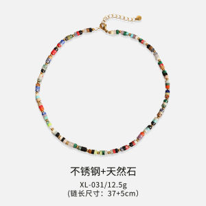 Dây chuyền nữ phong cách Bohemian hạt đá tự nhiên nhiều màu hạt dẹt dây chuyền xương quai xanh thiết kế độc đáo phối màu dopamine phong cách nghỉ dưỡng.
