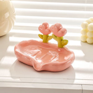 Khay Đựng Xà Phòng Thoát Nước Hoa Tulip - Khay Để Đồ Decor Bằng Gốm Sứ Hoạ Tiết Hoa Hồng Để Nhà Tắm