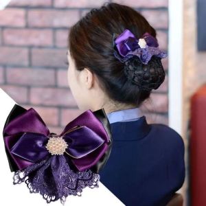 DRESSPLUS hairnet for women for work Pearl Bowknot Spring Clip Ribbon Rhinestone Hair Net Cover Vintage Headwear Nurse Hair Clip Female