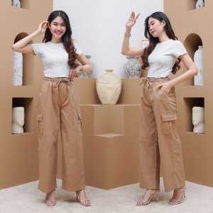 Celana Cargo Wanita Highwaist Twill Combet Street Tali Serut Terbaru