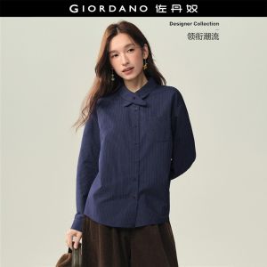 Giordano Women Striped crossover collar long sleeve shirt Free Shipping 18346730