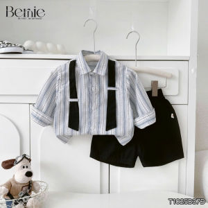 Set sơ mi tay dài phối sọc dây đai Urban bé trai phong cách công tử kèm quần short BERNIE T1025B37Đ