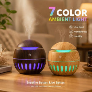 Portable Mini Humidifier Essential Oil Diffuser Wood Grain USB 7 Led Light 130ml
