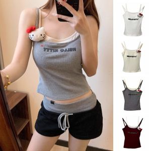 VCH Letter Fake Two Pieces Vest Slim Fit Kitty Cat Sweet Girls Vest Top Cartoon Sleeveless Y2k Crop Top Lady Girl