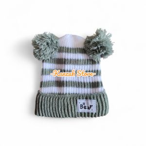 Kupluk Pompom Label Bear Request Bordir Nama - Pompom Motif Garis-garis Lucu