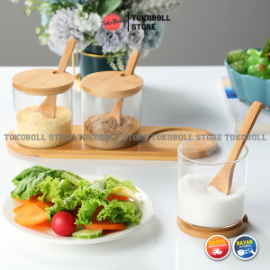 Toples Kaca Borosilicate Bumbu Masak Dapur 1 Set Isi 3 Tutup Kayu