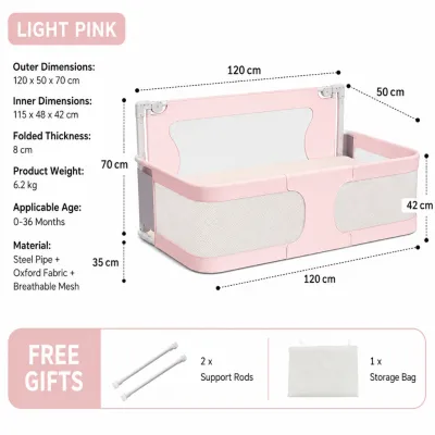Multifunctional 2-in-1 Baby Crib: Portable Foldable Bedside Sleeper & Bassinet. Features breathable mesh panels for safe co-sleeping a collapsible design a bedside co-sleeper cradle function and high-security guardrails. Suitable for ages 0–36 months.