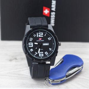 Jam tangan Pria Swiss 92304M tali karet analog tanggal hari aktif