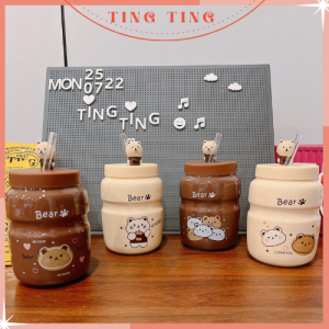 Bình nước sứ 500ml hình gấu kèm nắp silicon đính gấu ngộ nghĩnh có ống hút thủy tinh Ly nước sứ dễ thương _ TingTing
