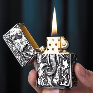 Hộp Quẹt Bật Lửa Xăng Đá Đẹp Độc Lạ Z-KJ1015 Màu Vàng Cổ Họa Tiết Con Voi - Dùng Xăng Bấc Đá (KHÔNG CHỨA XĂNG GAS)
