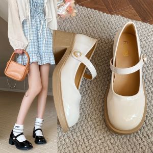 (fom rộng đặt lùi 1 size) Giày đốc nữ da bóng quai cài ngang đính ngọc 6cm cực đẹp