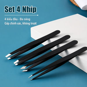 Bộ 4 Nhíp Gắp Lông Premium Cao Cấp | Nhíp Inox 304 Tỉa Chân Mày Nhổ Râu Kèm Bao Da Sang Trọng