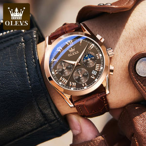 OLEVS Jam Tangan Lelaki Waterproof Watch for Men Original Quartz Analog Genuine Leather Business Sun Moon Star Multifunctional Calendar Luminous Fashion Men Watches