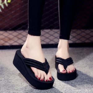 [Free Shipping] Thick-Soled WomenS Sandals High-Heeled Beach Fashion Flip-Flops Summer WomenS Wedge Sandals With Fabric Straps