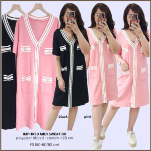 Dress Midi Wanita Import Murah Lengan Pendek (IMPHK60 Sweat Black/ Pink)
