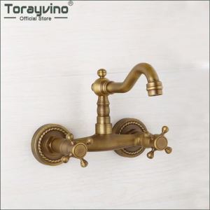 LDIES Torayvino Wall Mounted Bathroom Faucet Bath Tub Mixer Tap Dual Handle Taps Hot Cold Water Mixer Antique Brass Shower Faucet 3Y9Z1