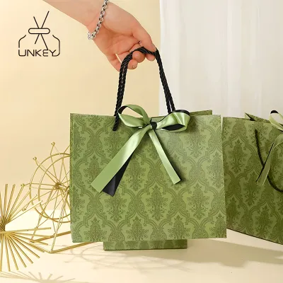 Green Gift Bag with Double Ribbon Handle Plain Design for Christmas and Wedding