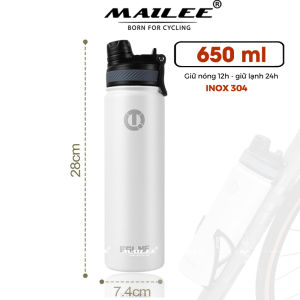 Bình Nước Xe Đạp Inox 304 Giữ Nhiệt dung tích 650ml màu Trắng/Đen giữ nhiệt 12h Nóng 24h Lạnh Thể thao cắm trại leo núi đi xe đạp - MLH