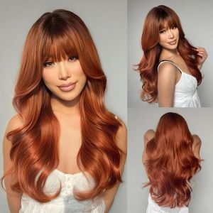 Auburn Wig with Bangs for Women 24inch Long Copper Red Wavy Ombre Auburn Layered Wigs Natural Looking Heat Resistant Synthetic Hair for Daily Party Use