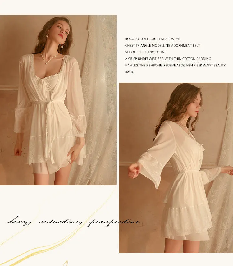 2022 New Court Style Princess Sweet White Sleepdress French Women with  Chest Pad High-end Soft Lace Suspender Nightgown Robe Pajama Set