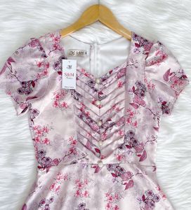 Đầm xòe hoa nhí xếp ngực đính nút tay búp sen có túi Misa - MS0310 (Hình thật shop chụp)