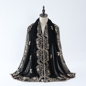 Jifang Black Cotton Linen Shawl Sulam Pashmina Retro Vintage Golden Embroidery Flower Paisley Raya Muslim Hijabs Shawls Tudung PW34