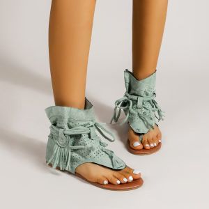 [Free Shipping] Plus Size WomenS Sandals 2026 Retro Flat Tassel Hollow Out Toe-Clasp Sandals WomenS Shoes