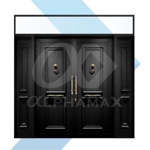 ALPHAMAX Grande Alton Pintu Aluminium Full Panel Double Swing Simetris 2 Ornamen Klasik Pull Handle Vertikal - Horizontal + 2 Door Knocker Antique Brass dengan 2 Window Ornamen + Bouven Kaca Fix 5mm 263 x 265.0 cm