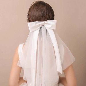 DEGRAD Romantic Long Satin Bow Veil Single Layer Shawl Bridal Headdress Elegant Soft Brides White Headgear Photo