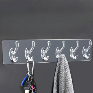 2pcs Transparent 6 Hooks Invisible Self Adhesive Utility Hooks Heavy Duty Hanger Reusable Home Hooks