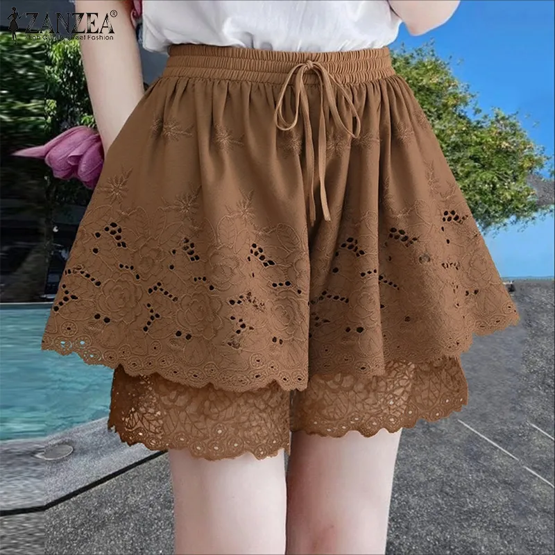 ZANZEA Korean Style Women Girlish High Waist Lace Wide Leg Pants