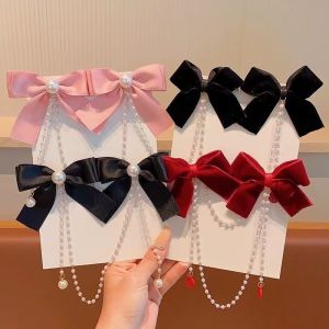 JJT Cute Princess Bow Hair Clips with Pearl Chains and Velvet Ribbon for Girls - Elegant and Sweet Style
