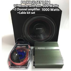 PACKAGE SET BOSOKO 2-Channel AMPLIFIER 1000 Watts BOSOKO 12" woofer with  400 watts/500 watts/600 watts/1000 watts