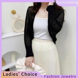 [COD] liuchuanbing Jewellery คาร์ดิแกนแบบถักมีรูแขนยาวสำหรับผู้หญิงใส่ฤดูร้อนสีทึบ