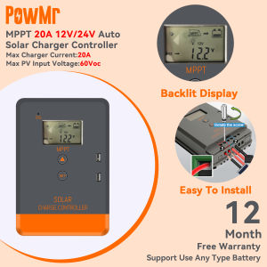 PowMr MPPT Solar Charger Controller 20A 30A 40A 12V/24V Solar Panel Regulator LCD Display Various Load Control Modes Support Lifepo4 Battery