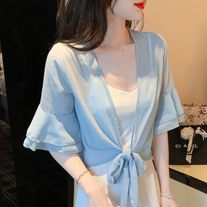 Impression ผ้าคลุมไหล่แฟชั่นสำหรับผู้หญิงเสื้อคลุมกันแดดแขนบานยาวครึ่งแขนผ้าชีฟองสไตล์เกาหลี