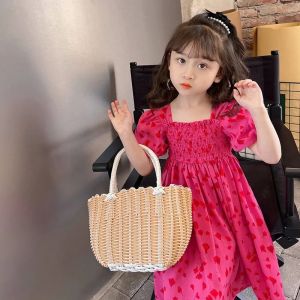 Girls Summer Dress 2024 New Fashionable Western Style Childrens Net Red Floral Print Princess Dress Summer Long Dress Fashion