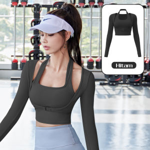 【S-XXL】Baju Kaos Olahgara Wanita Polos Lengan Panjang Top Atasan Sport Yoga Senam Aerobic Dengan Bantalan Dada Double Layer