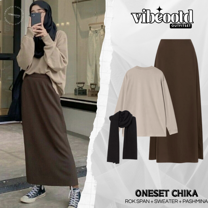 Chika Outfit Set Wanita Hijab Bawahan Rok Span Panjang Atasan