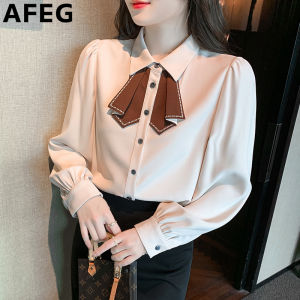 AFEG New Korean Shirt Collar Fashion Loose Versatile Retro Chiffon Long Sleeve Blouse for women