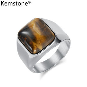 Kemstone Mens Square Tiger Eye Ring Stainless Steel Fashion Jewelry Polished Natural Gemstone